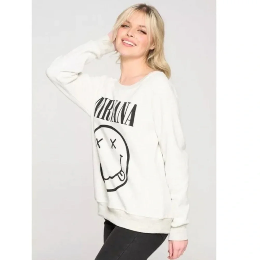 Cream Nirvana Smiley Face Band Graphic Sweatshirt - Picture 5 of 6